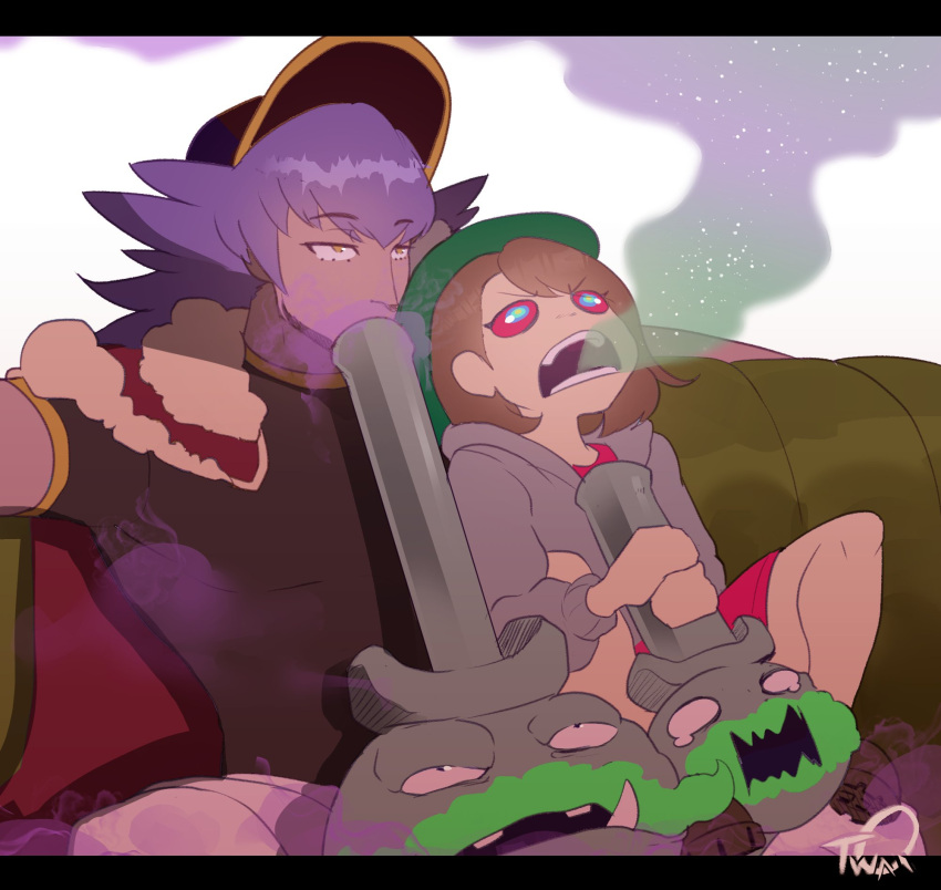 1boy, 1girl, blue_eyes, bong, brown_hair, brown_shirt, cape, colored_sclera