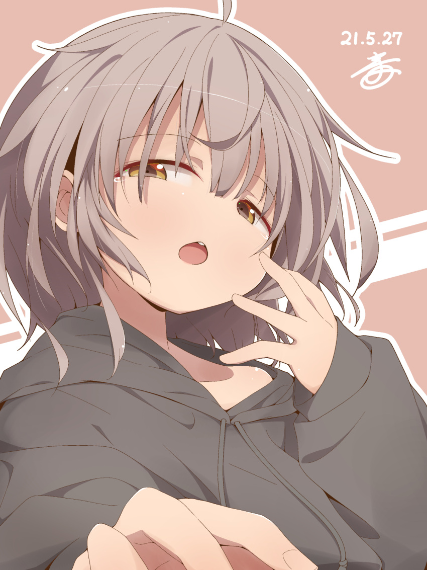 1girl, ahoge, crying, crying_with_eyes_open, dated, drawstring, from_below, grey_hair