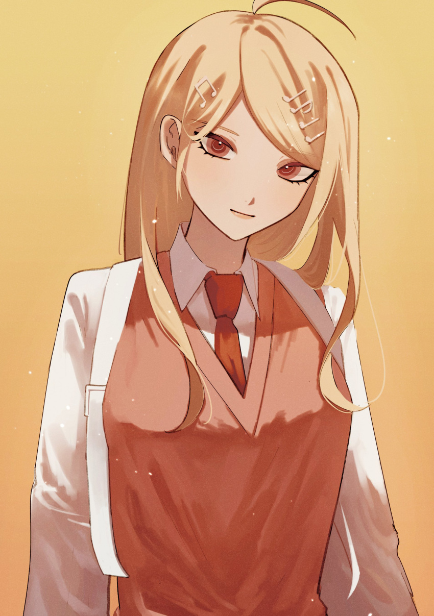 1girl, absurdres, akamatsu_kaede, bangs, blonde_hair, breasts, brown_eyes, brown_sweater_vest, closed_mouth, collared_shirt, danganronpa_(series), danganronpa_v3:_killing_harmony, hair_behind_ear, hair_ornament, highres, large_breasts, long_hair, long_sleeves, musical_note, musical_note_hair_ornament, oji-sama_(ochi4t), orange_background, shirt, simple_background, solo, sweater_vest, upper_body, white_shirt