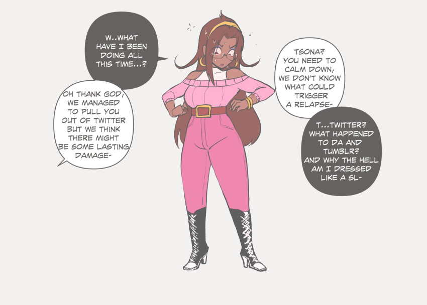 1girl, belt, black_footwear, boots, bracelet, brown_belt, dark-skinned_female, dark_skin, english_text, glasses, grey_background, high_heel_boots, high_heels, highres, jewelry, long_sleeves, nyantcha, original, pants, parted_lips, pink_pants, pink_sweater, red_eyes, semi-rimless_eyewear, simple_background, solo, standing, sweater, tears, tsona_(nyantcha), under-rim_eyewear, wide-eyed