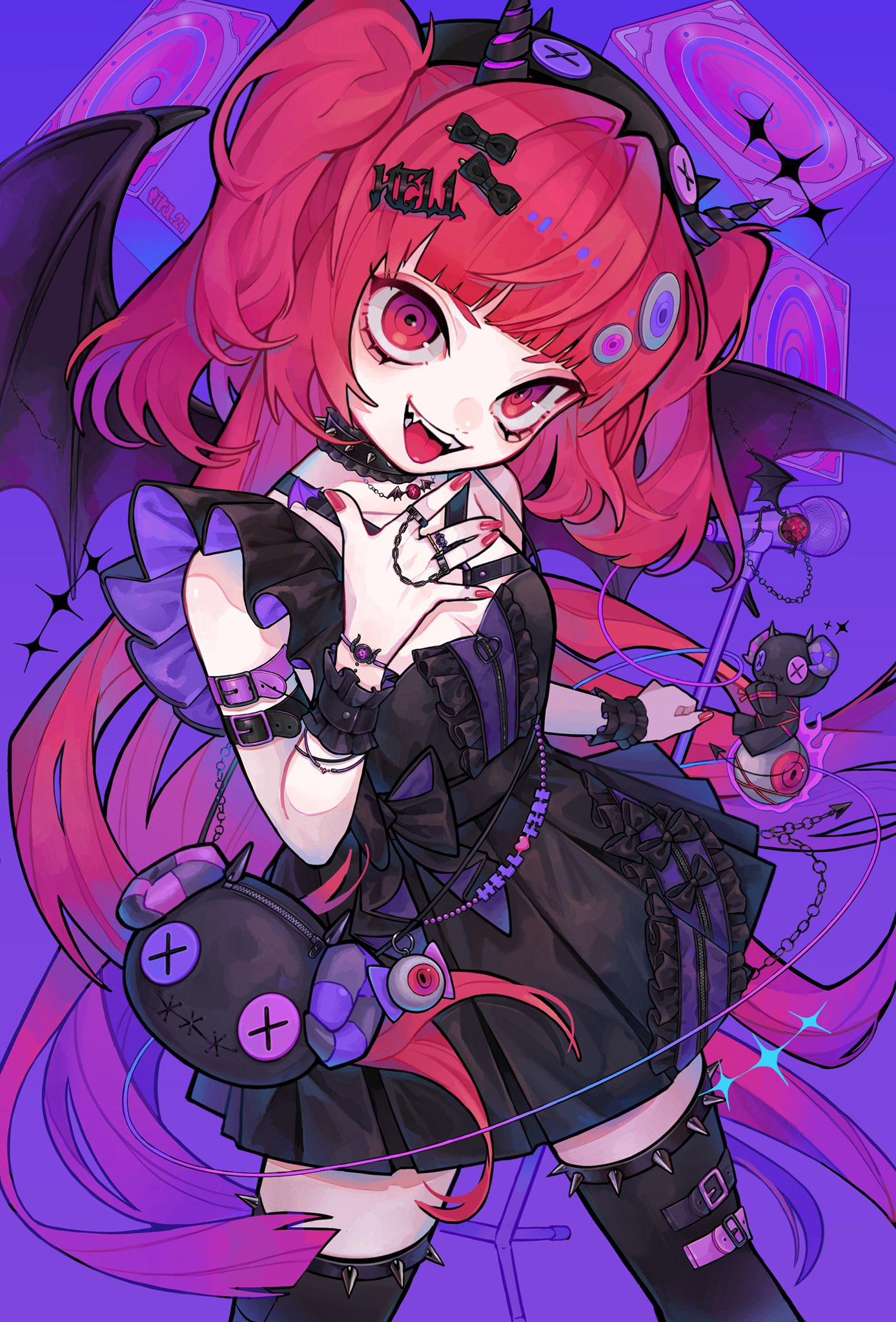 1girl, bangs, bare_shoulders, black_bag, black_bow, black_dress, black_thighhighs, bow, center_frills, chain, choker, collarbone, demon_girl, demon_horns, demon_wings, dress, fake_horns, frilled_dress, frills, hair_bow, hand_up, highres, holding, holding_microphone_stand, horns, long_hair, microphone_stand, nail_polish, original, pink_hair, red_nails, redhead, solo, spiked_choker, spiked_thighlet, spikes, stuffed_toy, thigh-highs, tira_27, twintails, wings, wrist_cuffs