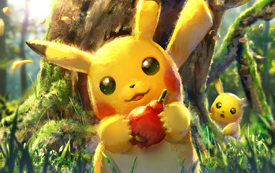 :3, animal_focus, berry_(pokemon), black_eyes, blurry, blurry_background, blush_stickers, commentary, day, ekm, food, fruit, grass, happy, head_tilt, holding, holding_food, holding_fruit, looking_at_another, looking_at_viewer, moss, no_humans, open_mouth, outdoors, petals, pikachu, pokemon, pokemon_(creature), pomeg_berry, smile, solo_focus, standing, straight-on, tree, upper_body