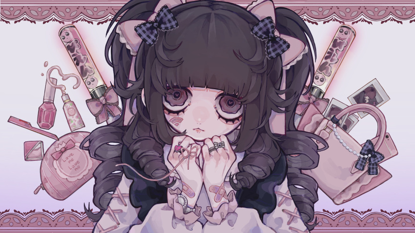 1girl, :<, absurdres, bandaid, bandaid_on_arm, bangs, bow, brown_hair