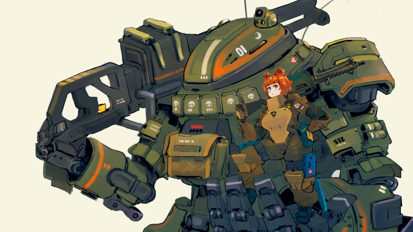 1girl, absurdres, animal_ears, bear_ears, boobplate, brown_bodysuit, brown_hair, closed_mouth, commission, gun, highres, holding, holding_gun, holding_weapon, looking_at_viewer, mecha, medium_hair, ogre_(titanfall), pink_eyes, polilla, pouch, robot, simple_background, titan_(titanfall), titanfall_(series), weapon, white_background