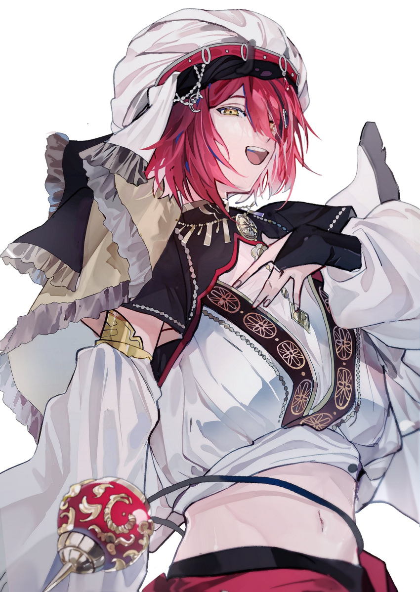 1boy, arabian_clothes, bridal_gauntlets, crescent, crop_top, detached_sleeves, gold_trim, hair_between_eyes