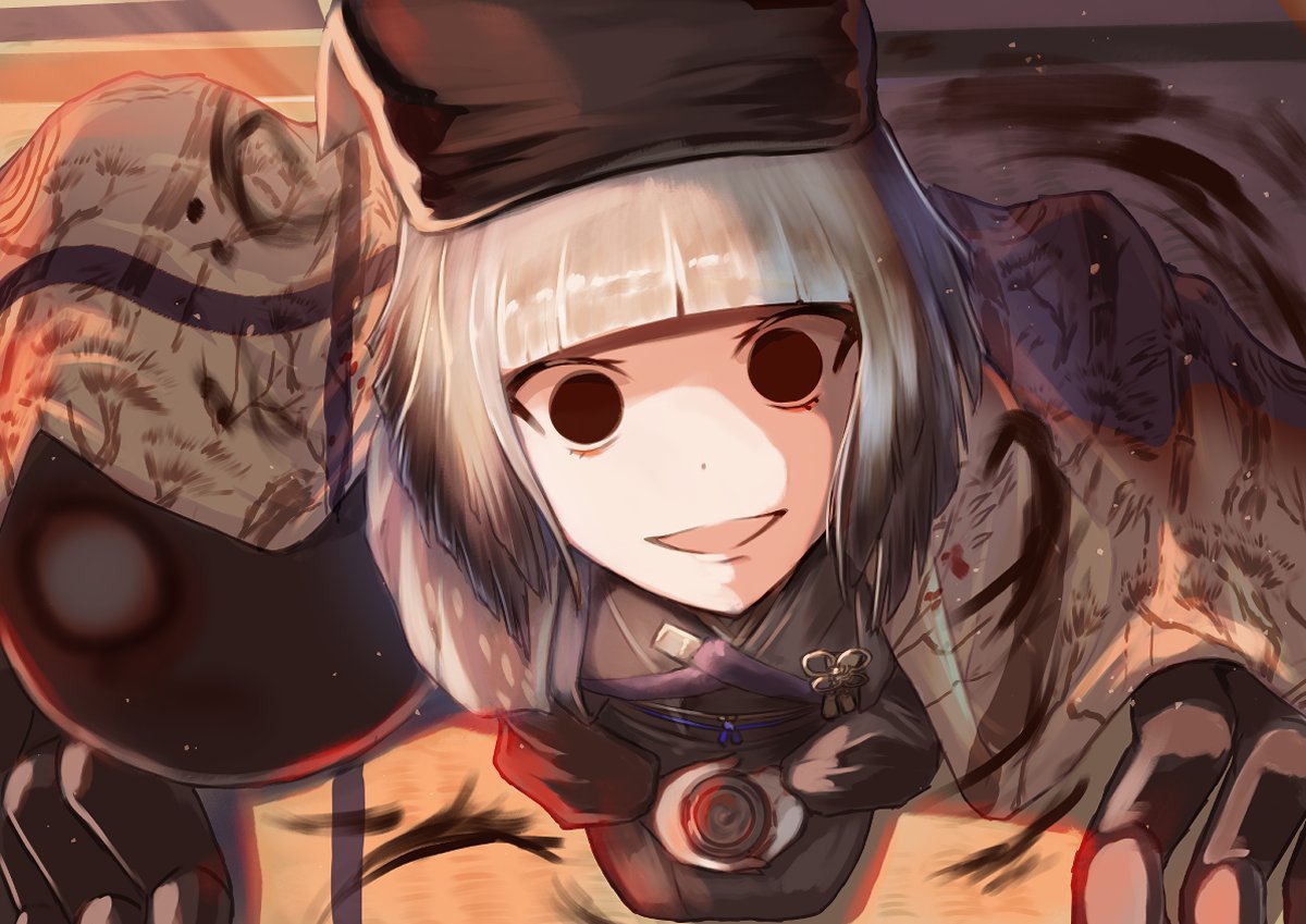 1girl, black_eyes, creepy_eyes, cup, darkness, fate/grand_order, fate_(series), from_above
