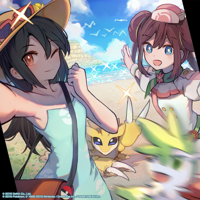 2girls, :d, artist_request, bag, bangs, beach, bird, black_hair