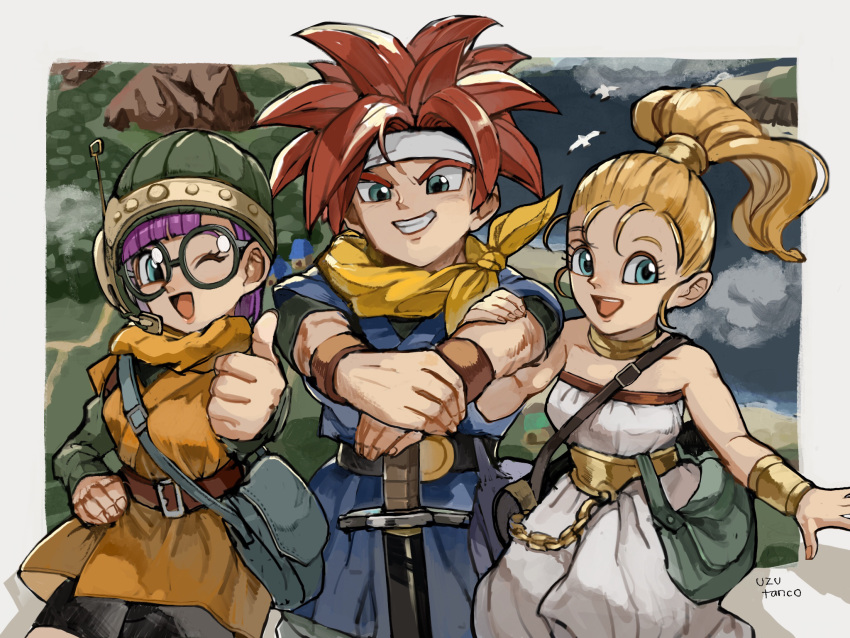1boy, 2girls, :d, aqua_eyes, artist_name, ascot, bag, bare_shoulders