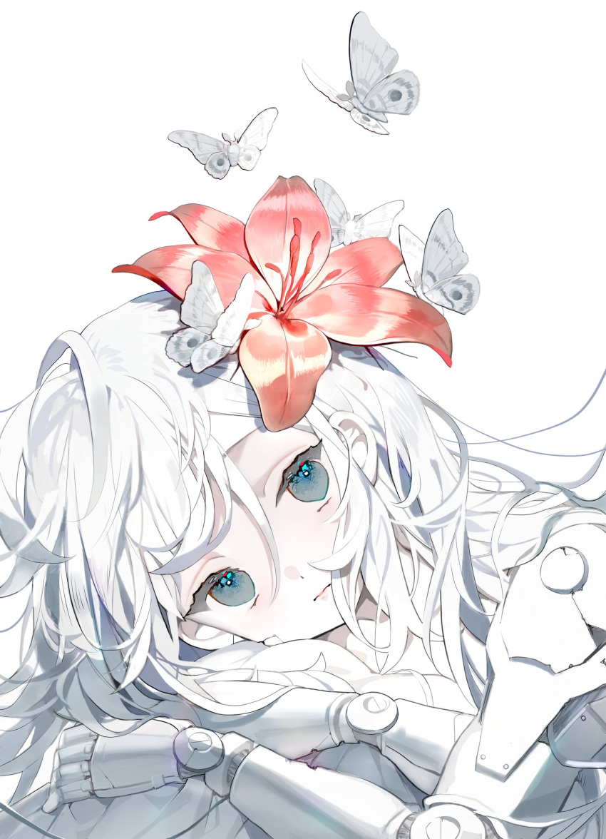1girl, blue_eyes, bug, butterfly, closed_mouth, expressionless, flower, hair_between_eyes