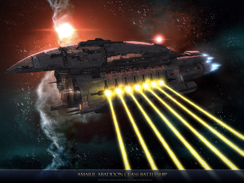 3d, abaddon_(eve_online), amarr_empire_(eve_online), battleship_(eve_online), beam, blue_fire, energy, energy_beam, english_text, enterprise-e, eve_online, fire, firing, glowing, laser, machinery, military, military_vehicle, no_humans, outdoors, realistic, science_fiction, sky, space, spacecraft, star_(sky), starry_sky, thrusters, vehicle_focus
