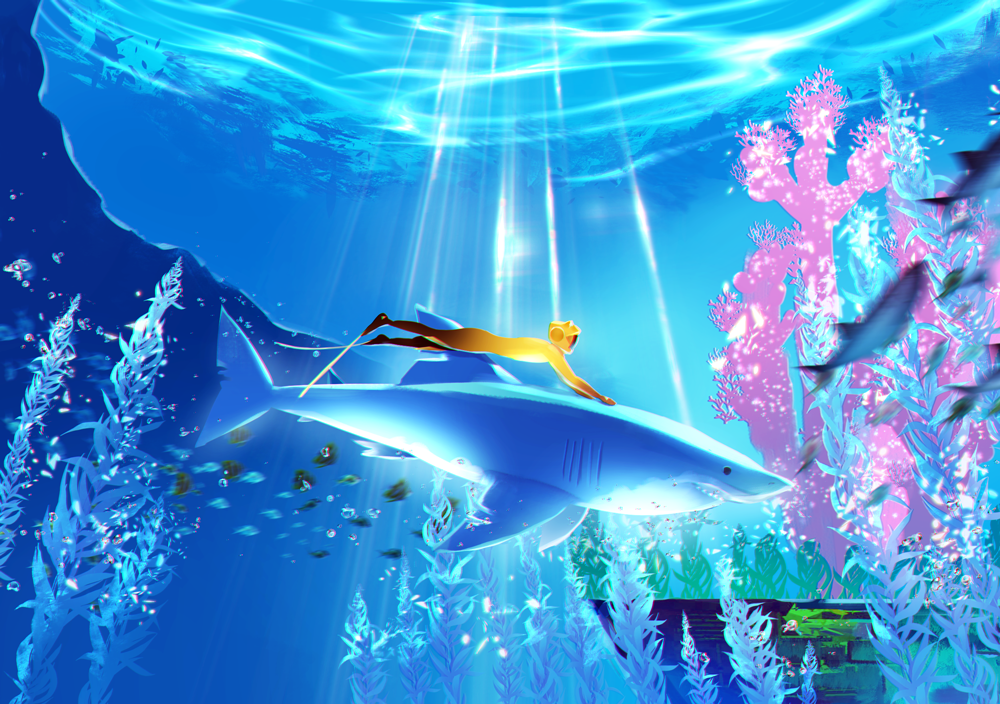 ._., 1other, abzu, ambiguous_gender, black_eyes, blank_eyes, blue_background, blue_theme, bodysuit, bubble, caustics, chromatic_aberration, commentary_request, diver_(abzu), ekm, fish, flippers, from_side, gills, light_rays, mixed-language_commentary, motion_blur, open_mouth, other_focus, partial_commentary, profile, seaweed, shark, sharp_teeth, solo, swimming, teeth, underwater, wetsuit, yellow_bodysuit