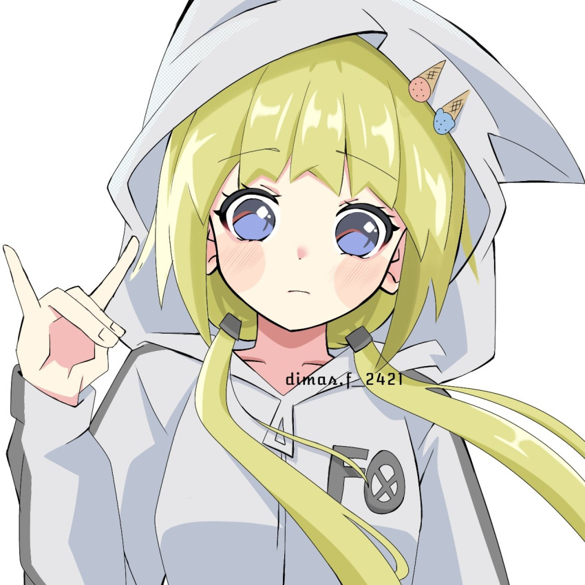 1girl, animal_hood, artist_name, bangs, blonde_hair, blue_eyes, food-themed_hair_ornament, grey_hoodie