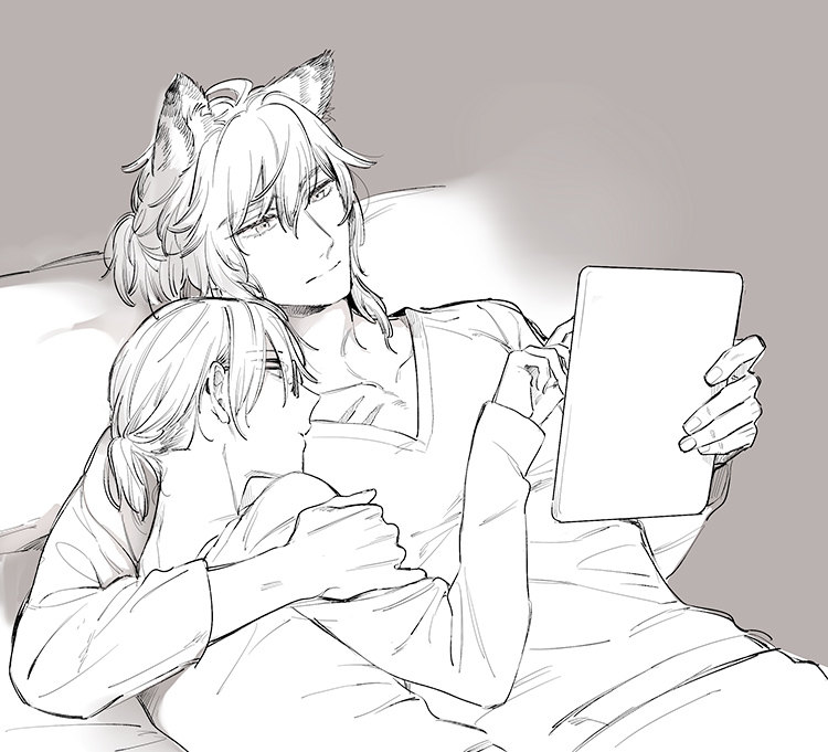 1boy, 1girl, animal_ears, arknights, bed, bishounen, couple, hand_on_another's_back, lying, monochrome, silverash_(arknights), simple_background, tablet_pc, tagme, white_background, zuncro_gb