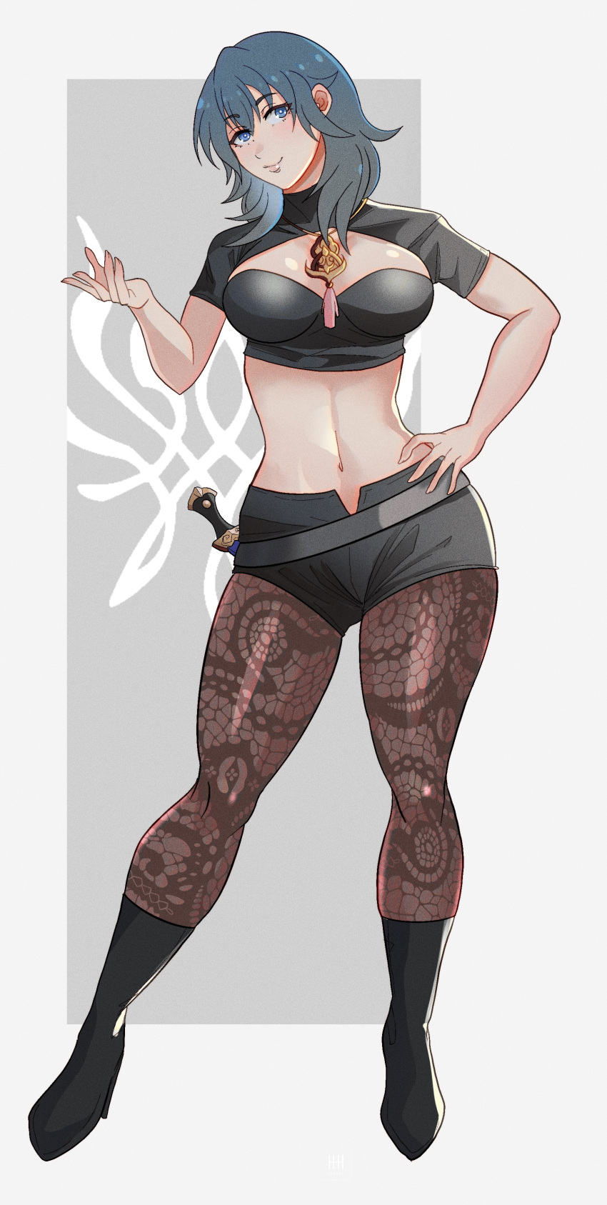 absurdres, blue_eyes, boots, breasts, byleth_(fire_emblem), byleth_eisner_(female), fire_emblem, fire_emblem:_three_houses, full_body, highres, ihsnet, lips, looking_at_viewer, medium_breasts, medium_hair, navel, pantyhose, shorts