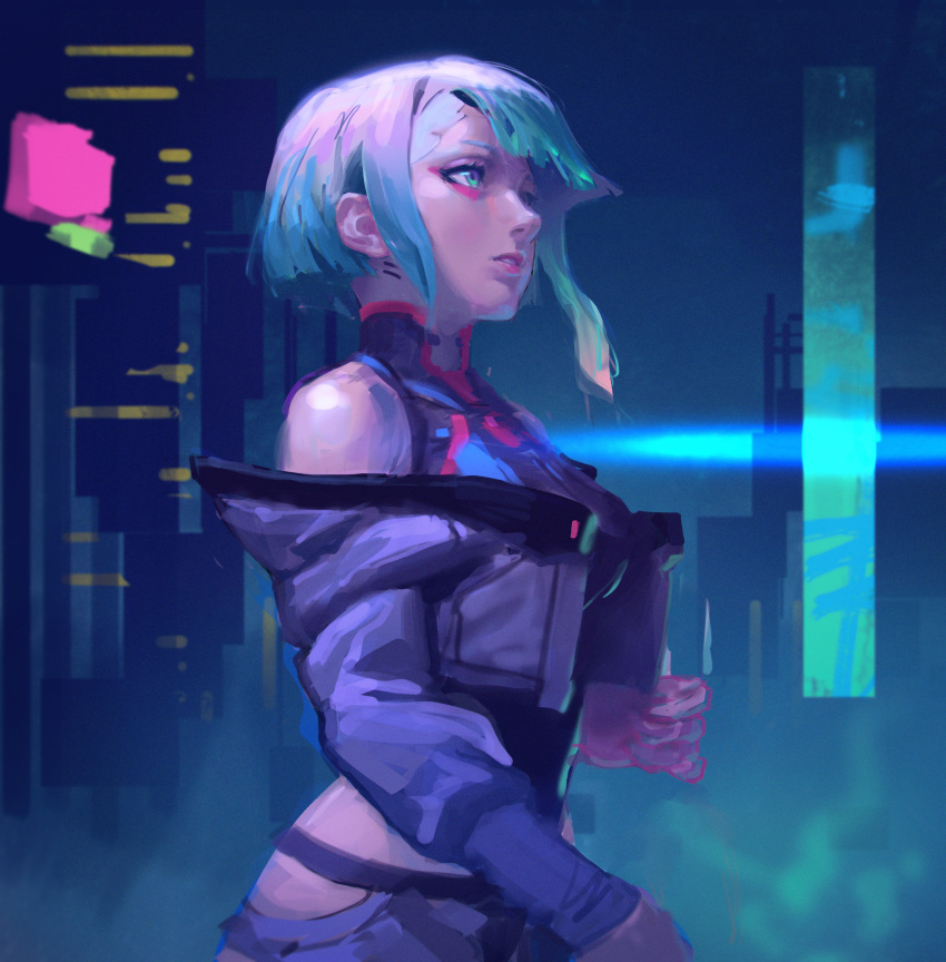 absurdres, bangs, bare_shoulders, bodysuit, breasts, bryuenart, coat, cyberpunk