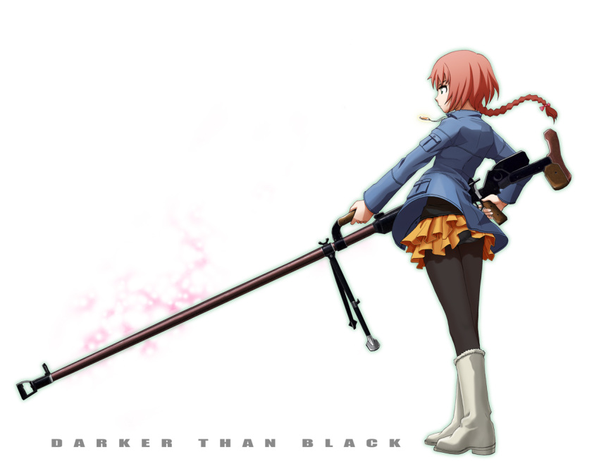 1girl, anti-tank_rifle, bipod, boots, braid, darker_than_black, female, from_side
