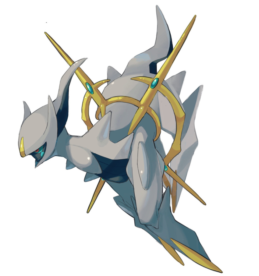 arceus, colored_sclera, full_body, gogot, green_sclera, highres, horns, looking_down, no_humans, pokemon, pokemon_(creature), red_eyes, simple_background, solo, spikes, white_background