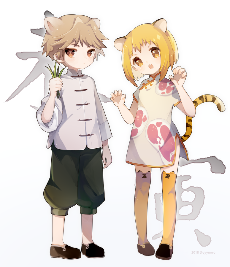 1boy, 1girl, animal_ears, brown_eyes, brown_hair, captain_yue, china_dress, chinese_clothes, dress, female_child, fruits_basket, full_body, looking_at_viewer, male_child, orange_eyes, orange_hair, sheep_boy, sheep_ears, short_hair, souma_hiro, souma_kisa, tail, thigh-highs, tiger_ears, tiger_girl, tiger_tail, white_background