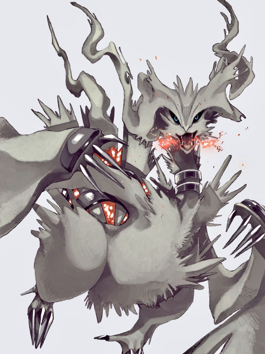 black_sclera, blue_eyes, breathing_fire, claws, colored_sclera, commentary, fire, gogot