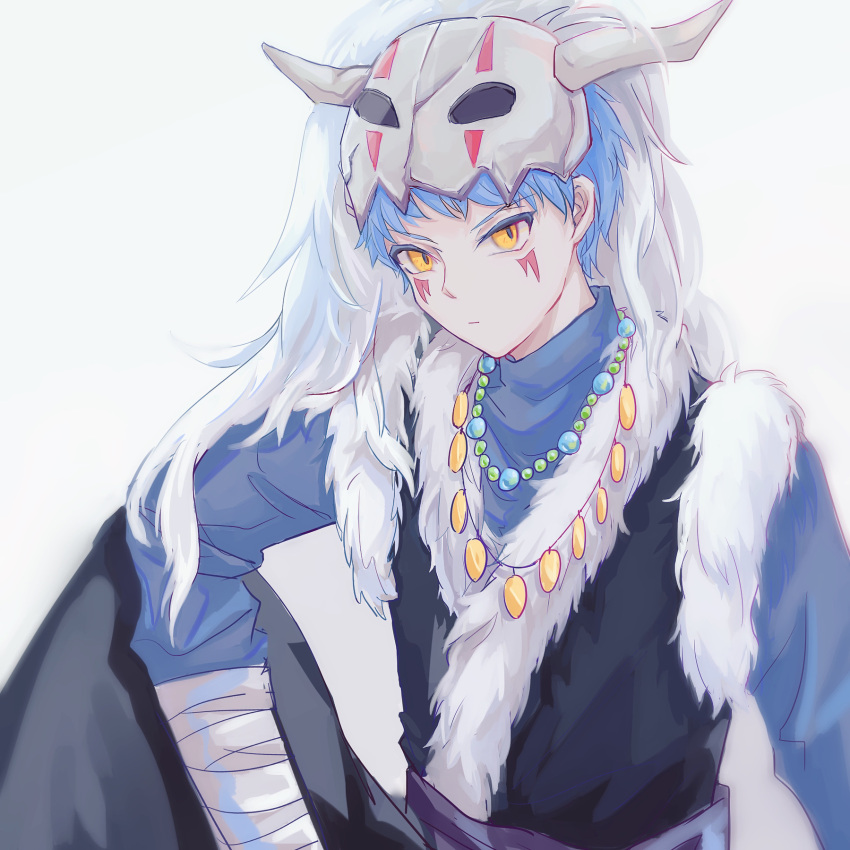 1boy, akatsuki_no_yona, arm_wrap, blue_hair, facepaint, fur_trim, highres, jewelry