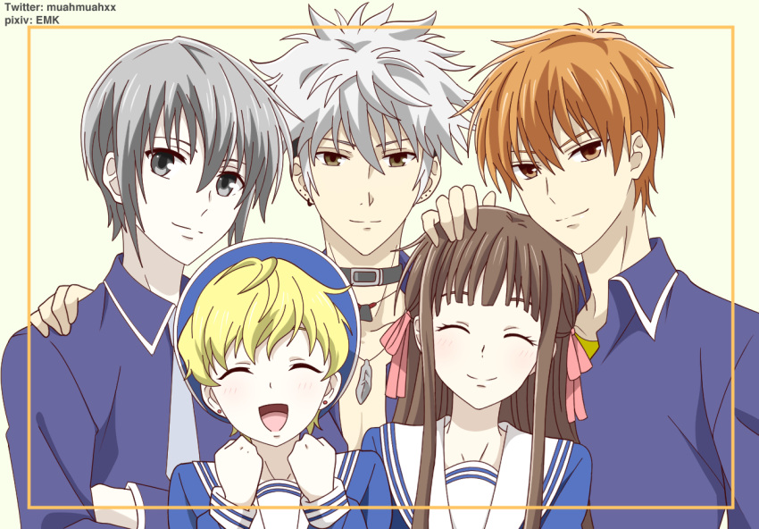 1girl, 5boys, amyemk, black_hair, blonde_hair, border, brown_eyes, brown_hair