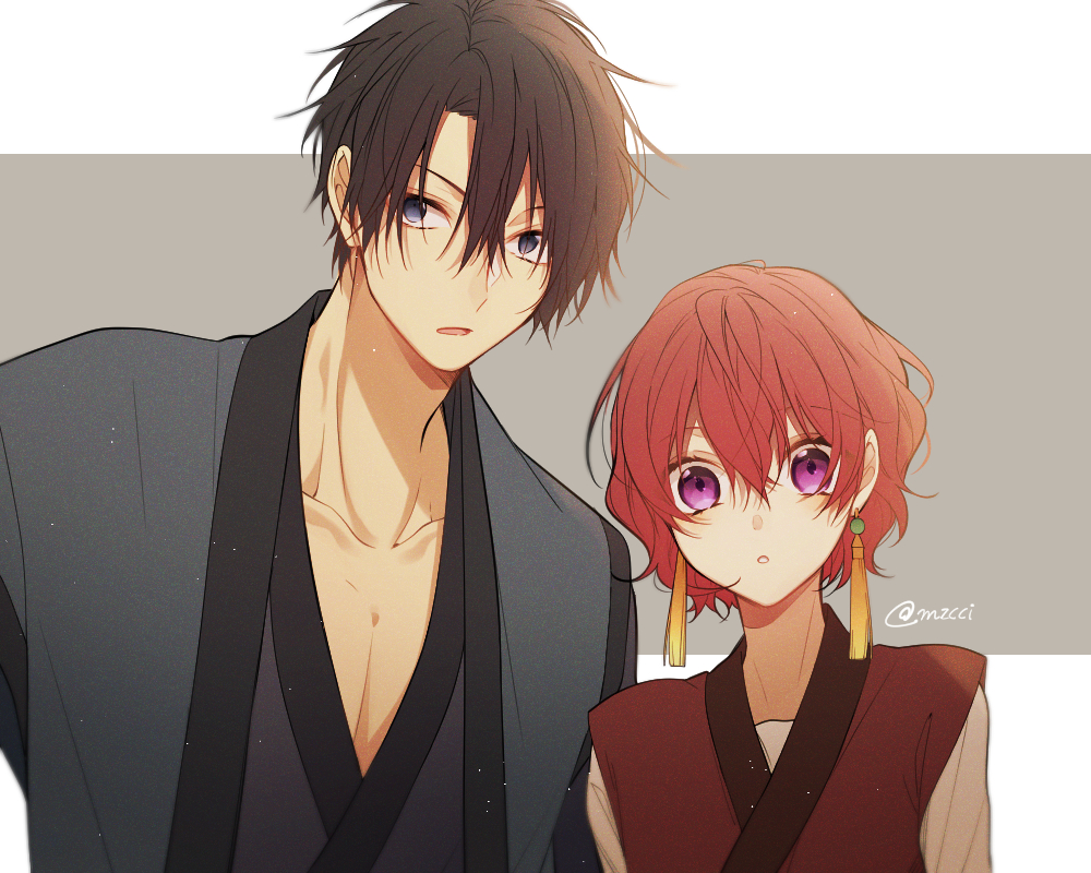 1boy, 1girl, akatsuki_no_yona, azs_kn, black_hair, blue_eyes, border, clothing_request
