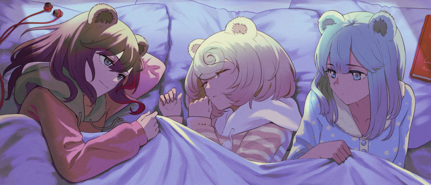 3girls, animal_ears, aqua_hair, arknights, bear_ears, bear_girl, blonde_hair, blue_eyes
