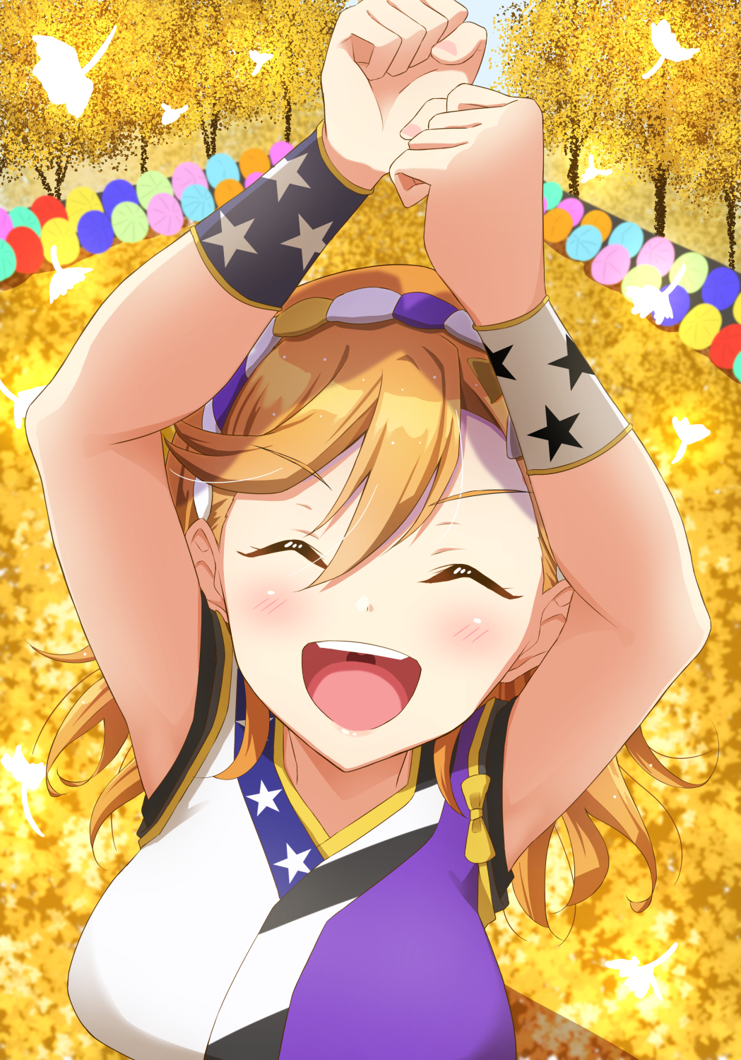 1girl, arms_up, autumn_leaves, bangs, blush, breasts, chance_day_chance_way!, closed_eyes