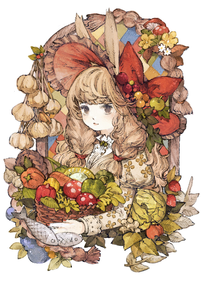 1girl, animal_ears, baiguiyu, bangs, basket, bell_pepper, blonde_hair, bow