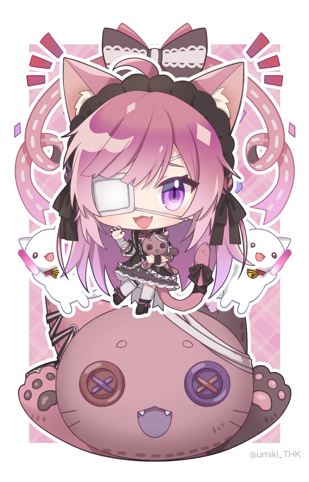 :3, animal_ears, artist_name, bandaged_arm, bandages, bangs, bell, black_ribbon