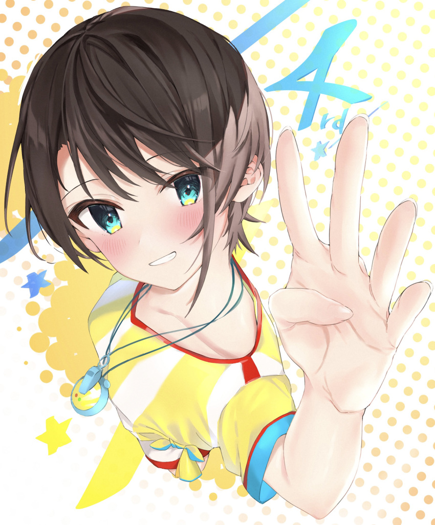 1girl, aqua_eyes, arm_up, blush, breasts, brown_hair, collarbone, dithered_background, english_text, engrish_text, foreshortening, from_above, grin, hair_between_eyes, highres, hololive, kakeru_(kakeruanim), looking_at_viewer, looking_up, oozora_subaru, ranguage, shirt, short_hair, short_sleeves, shorts, smile, stopwatch, striped, striped_shirt, tied_shirt, tsurime, virtual_youtuber, whistle, whistle_around_neck