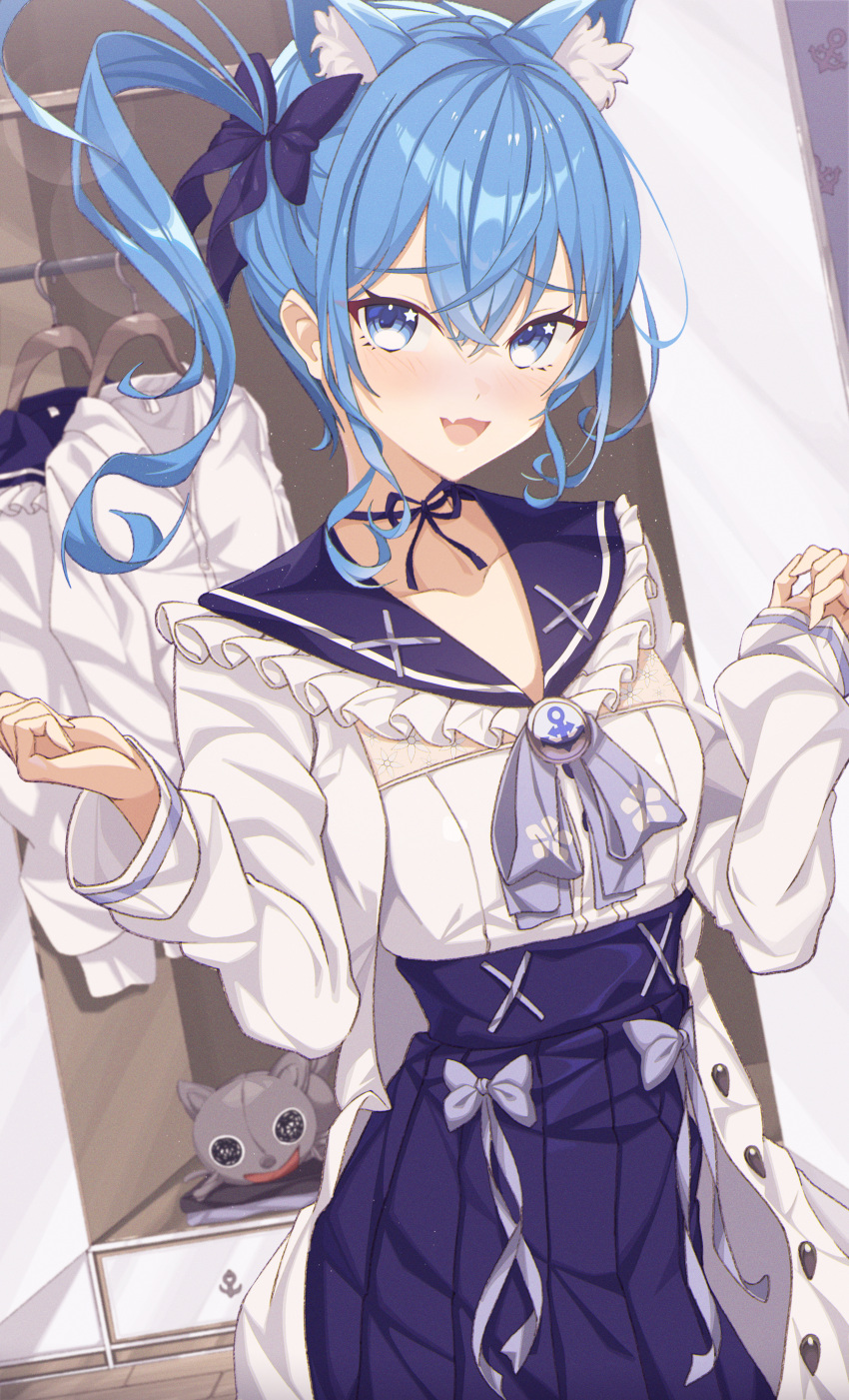 1girl, :d, absurdres, animal_ear_fluff, animal_ears, bangs, blue_bow, blue_choker