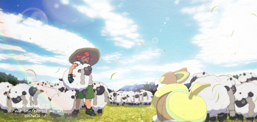 1boy, :d, boots, closed_eyes, clouds, commentary_request, day, falling_leaves, gloves, grass, hat, highres, holding, holding_pokemon, knees, leaf, lens_flare, male_focus, midzunko_(moobojisan), milo_(pokemon), open_mouth, outdoors, pink_hair, pokemon, pokemon_(creature), pokemon_(game), pokemon_swsh, sheep, shirt, short_sleeves, shorts, single_glove, sky, smile, standing, sun_hat, teeth, upper_teeth, watermark, wooloo, yamper