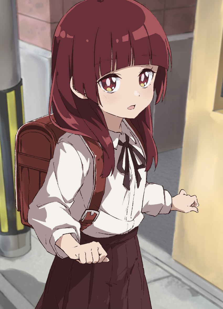 1girl, absurdres, backpack, bag, brown_eyes, brown_hair, brown_skirt, child