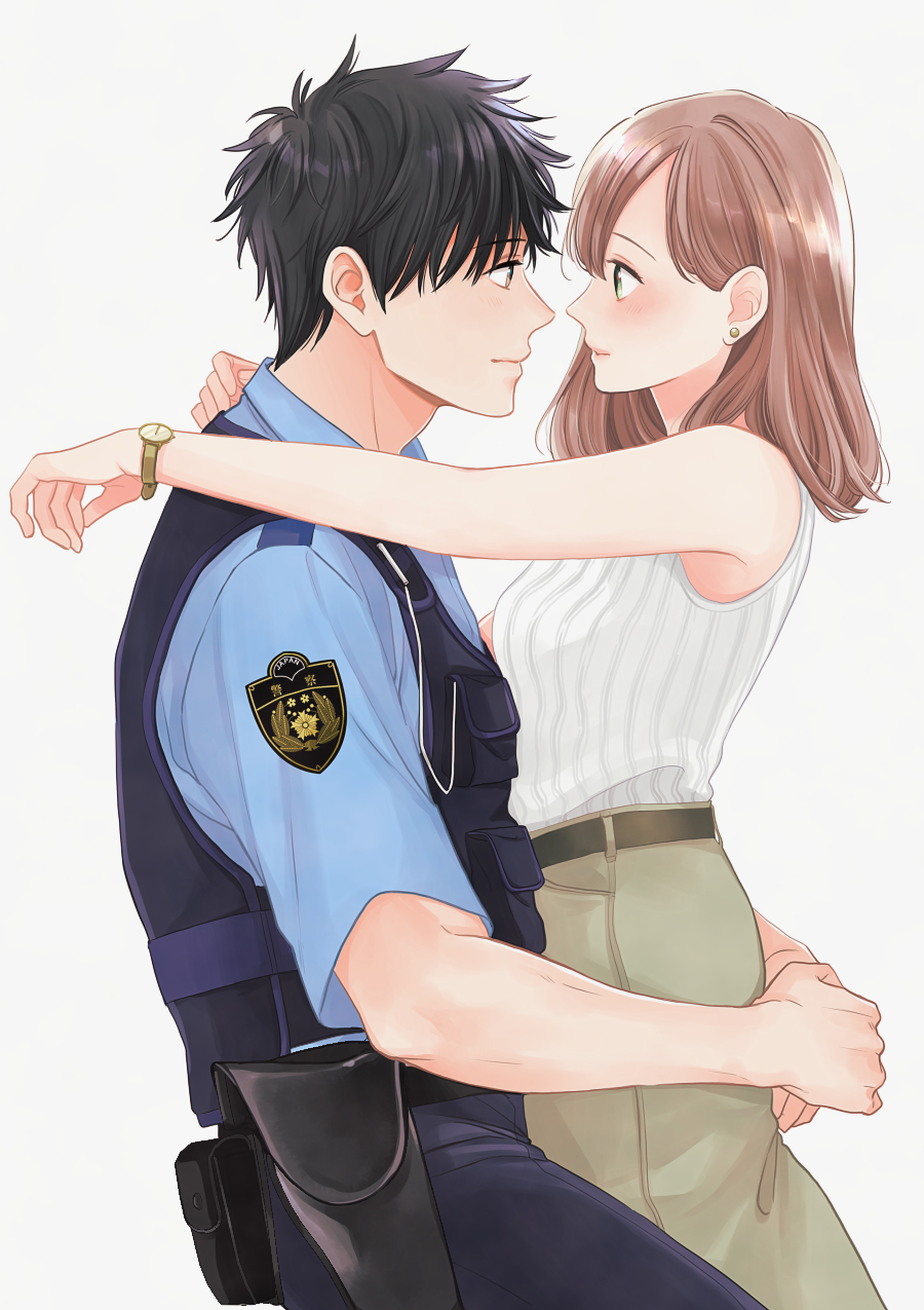 1boy, 1girl, akiyama_momiji, belt, black_hair, blush, brown_eyes, brown_hair, brown_skirt, earrings, eye_contact, hetero, hibiya_souhei, highres, holster, hug, jewelry, long_hair, looking_at_another, looking_at_viewer, police, police_uniform, ponkotsu_keisatsukan_wa_watashi_ni_muchuu, shirt, short_hair, short_sleeves, simple_background, skirt, sleeveless, sleeveless_shirt, stud_earrings, ueno_haruki, uniform, vest, watch, watch, white_shirt