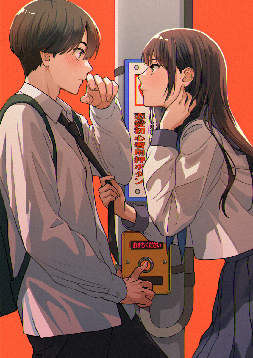 1boy, 1girl, absurdres, backpack, bag, black_necktie, blush, brown_eyes