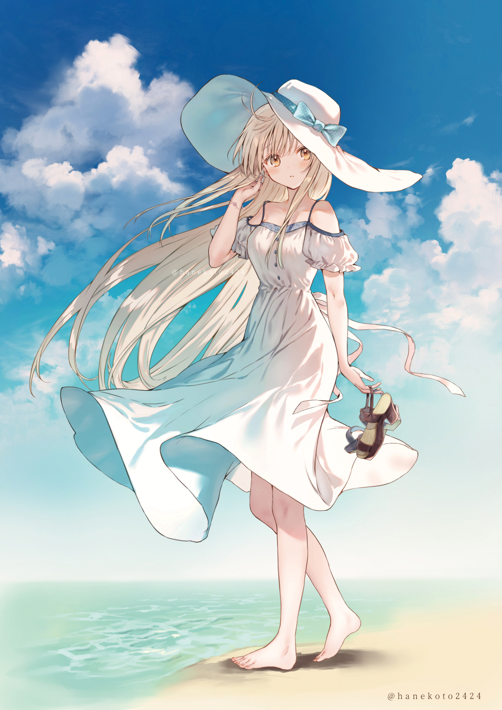 1girl, :o, bangs, bare_legs, bare_shoulders, barefoot, beach, blonde_hair