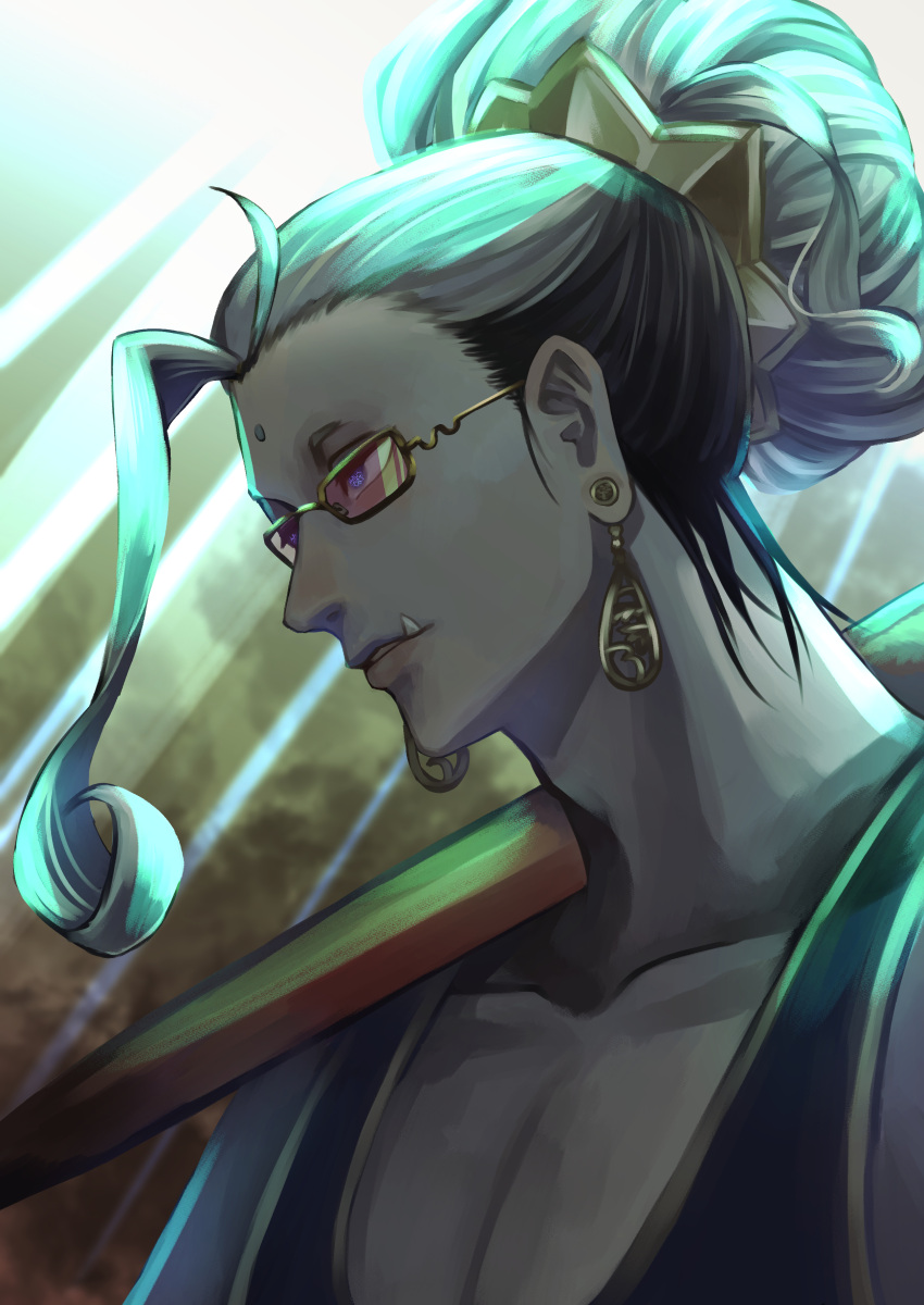 1boy, absurdres, buddha_(shuumatsu), earrings, facial_mark, fangs, forehead_mark, glasses, green_hair, hair_up, highres, jewelry, light_rays, male_focus, pectorals, ranran_art, sharp_teeth, shuumatsu_no_valkyrie, solo, teeth, tinted_eyewear, upper_body