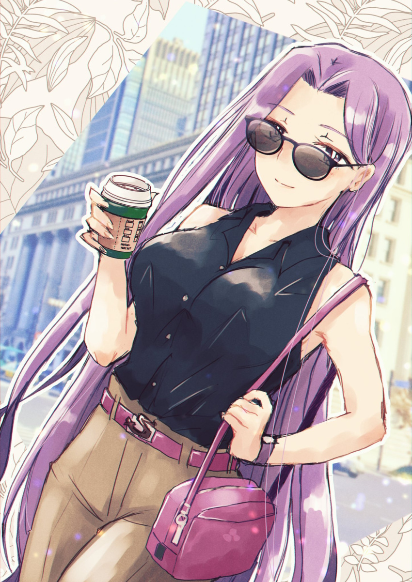 1girl, alternate_costume, amato_nagi, black_shirt, breasts, buttons, city, coffee_cup, cup, disposable_cup, dutch_angle, fate_(series), forehead, hand_up, highres, holding, holding_cup, long_hair, looking_at_viewer, medusa_(fate), medusa_(rider)_(fate), purple_hair, shirt, sleeveless, sleeveless_shirt, solo, sunglasses, very_long_hair, violet_eyes