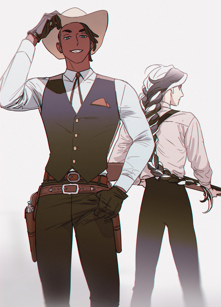 2boys, alternate_costume, black_pants, blue_eyes, braid, braided_ponytail, collared_shirt, commentary_request