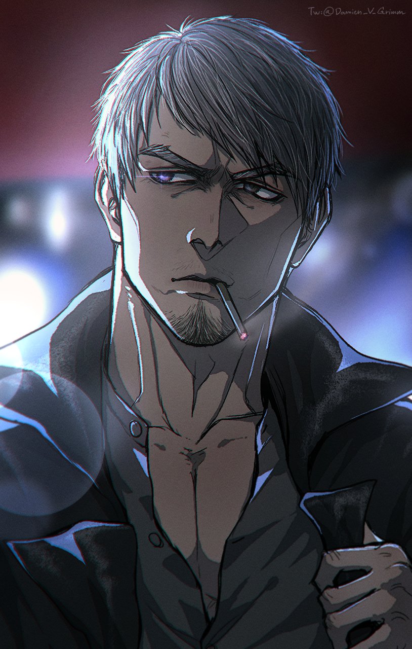 1boy, bangs, black_jacket, blurry, blurry_background, cigarette, damien_v_grimm, facial_hair