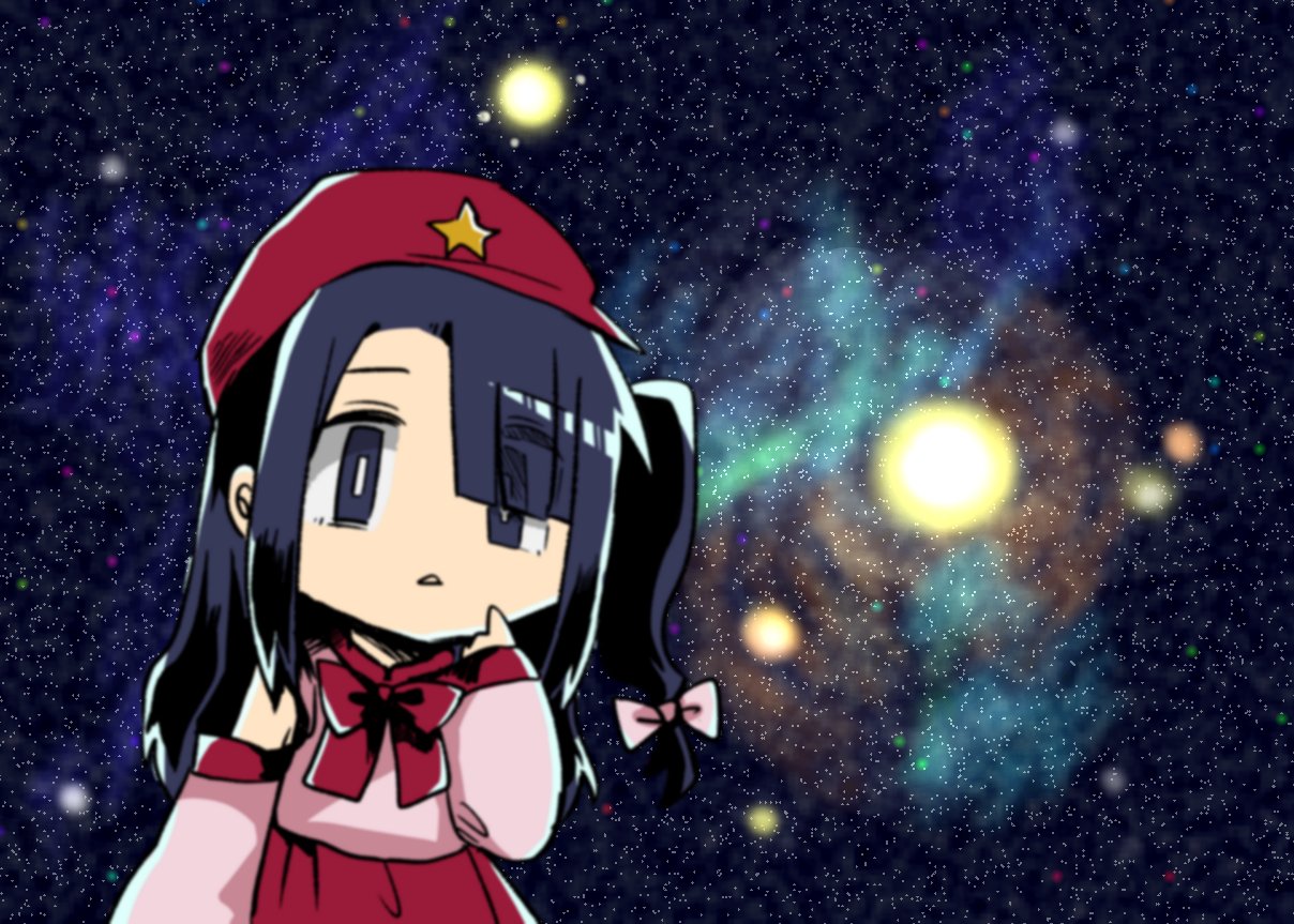 1girl, bare_shoulders, blue_eyes, blue_hair, bow, bowtie, cabbie_hat, commentary_request, flat_cap, galaxy, hair_bow, hat, hat_ornament, label_girl_(dipp), long_hair, long_sleeves, mandarin_collar, meme, nebula, open_mouth, red_bow, red_bowtie, red_headwear, red_skirt, side_ponytail, skirt, solo, space, space_cat_(meme), star_(sky), star_(symbol), star_hat_ornament, thinking, touhou, universe, vest, wadante, white_bow, white_sleeves, white_vest, wide_sleeves