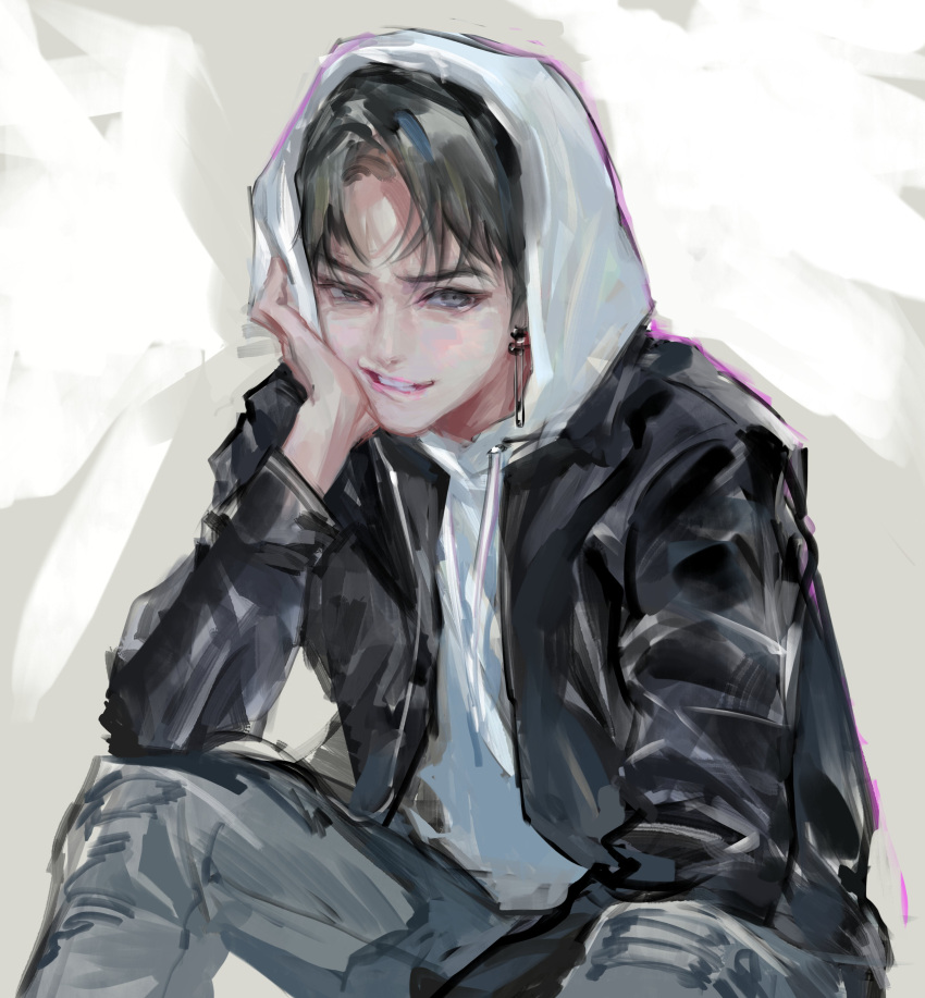 1boy, absurdres, black_eyes, black_hair, bm94199, denim, earrings, grin
