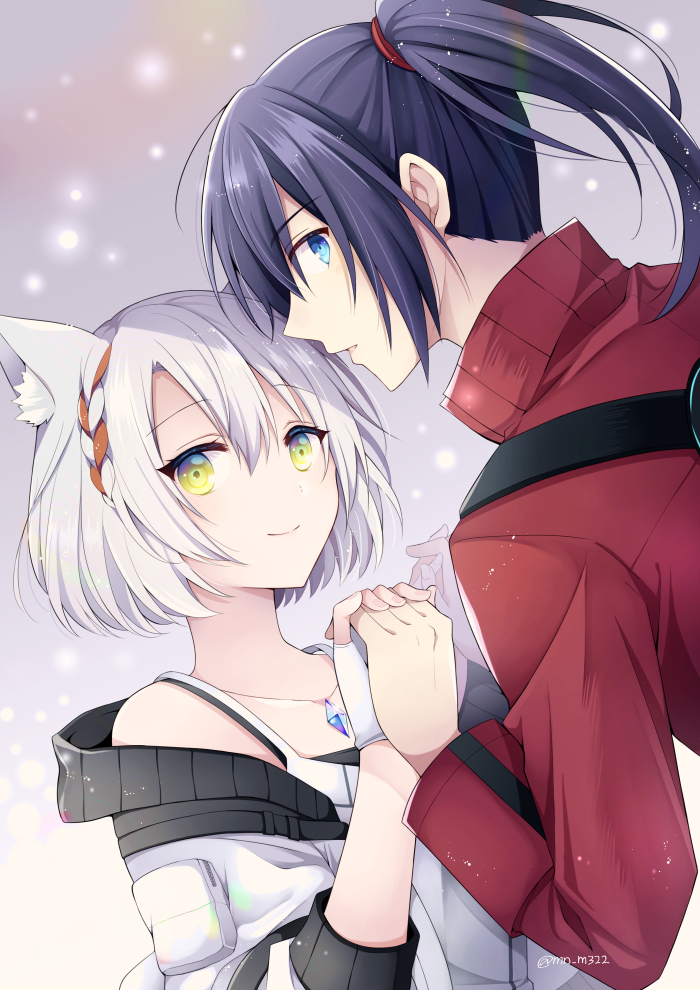 1boy, 1girl, animal_ears, bangs, bare_shoulders, black_hair, blue_eyes, cat_ears