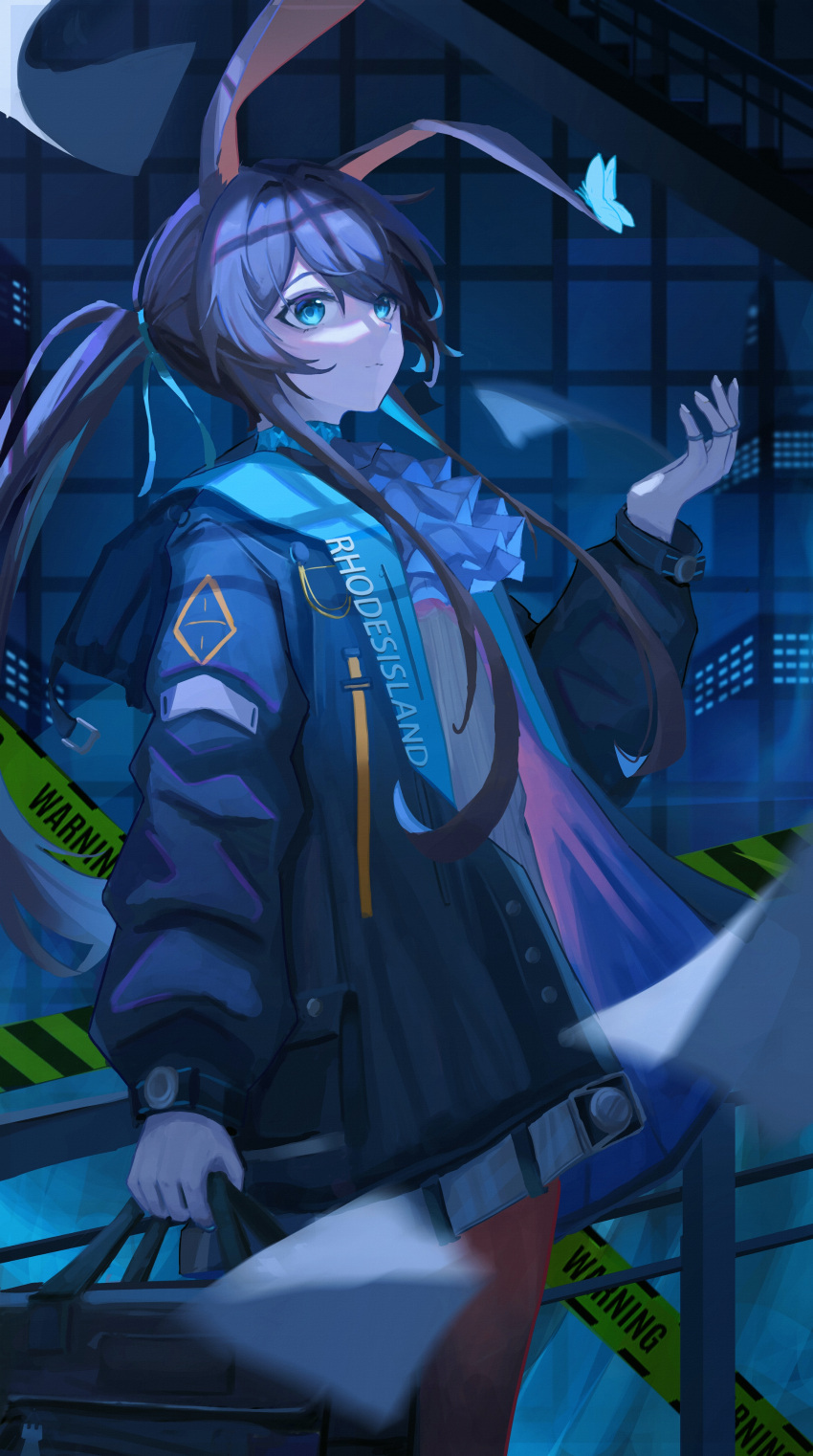 1girl, :3, absurdres, amiya_(arknights), animal_ears, arknights, ascot, bag, black_bag, blue_butterfly, blue_coat, blue_eyes, blue_ribbon, brown_hair, brown_pantyhose, bug, building, butterfly, butterfly_on_ear, caution_tape, closed_mouth, coat, commentary, cowboy_shot, eyebrows_hidden_by_hair, fingernails, hair_ribbon, hand_up, highres, holding, holding_bag, hood, hood_down, hooded_coat, jewelry, long_hair, long_sleeves, looking_at_animal, open_clothes, open_coat, pantyhose, paper, ponytail, rabbit_ears, ribbon, ring, shirt, sidelocks, skyscraper, stairs, top_tank, very_long_hair, white_ascot, white_shirt, window
