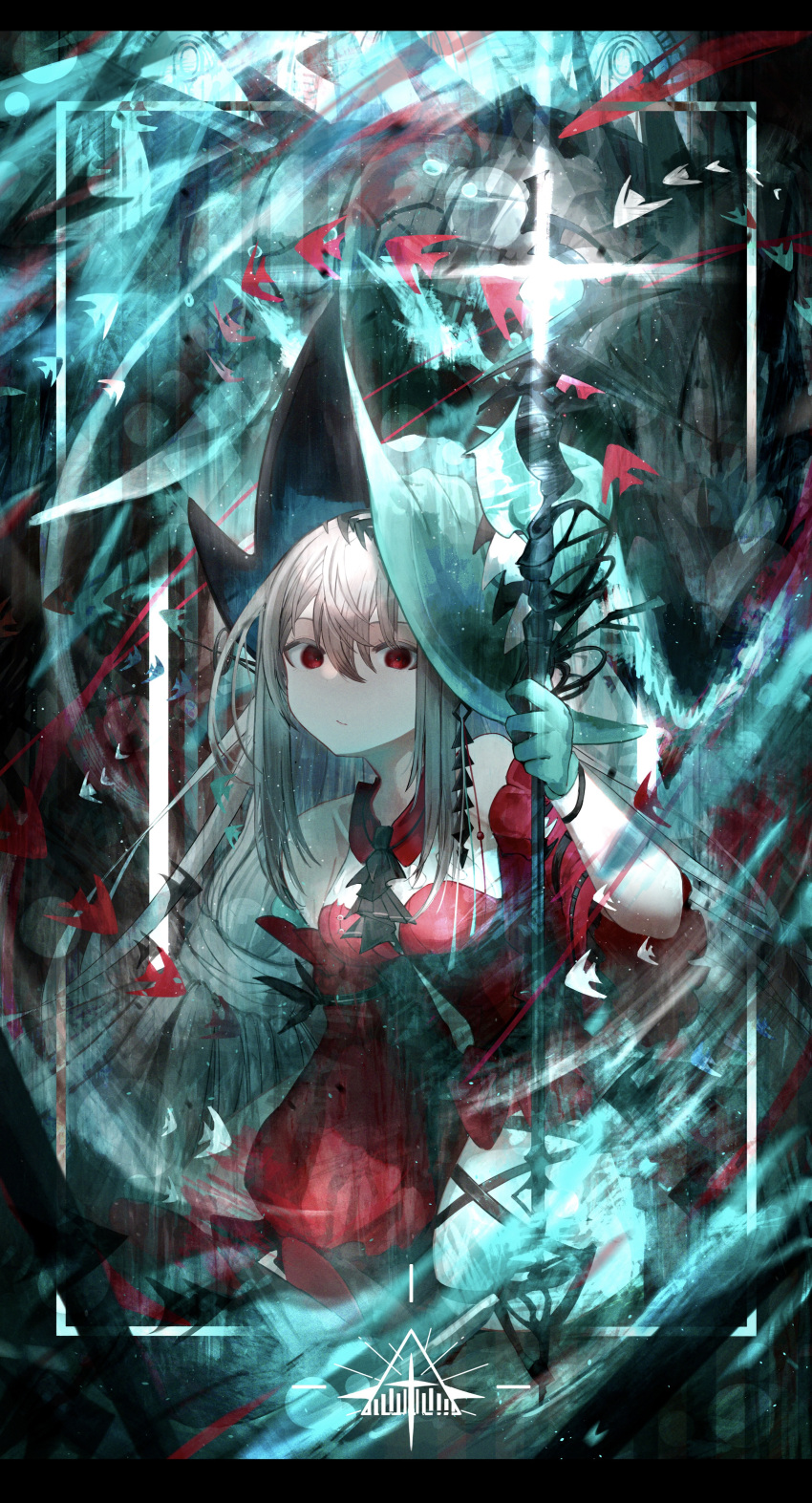 1girl, :/, a0_plnt, abstract_background, absurdres, aqua_gloves, aqua_headwear, arknights