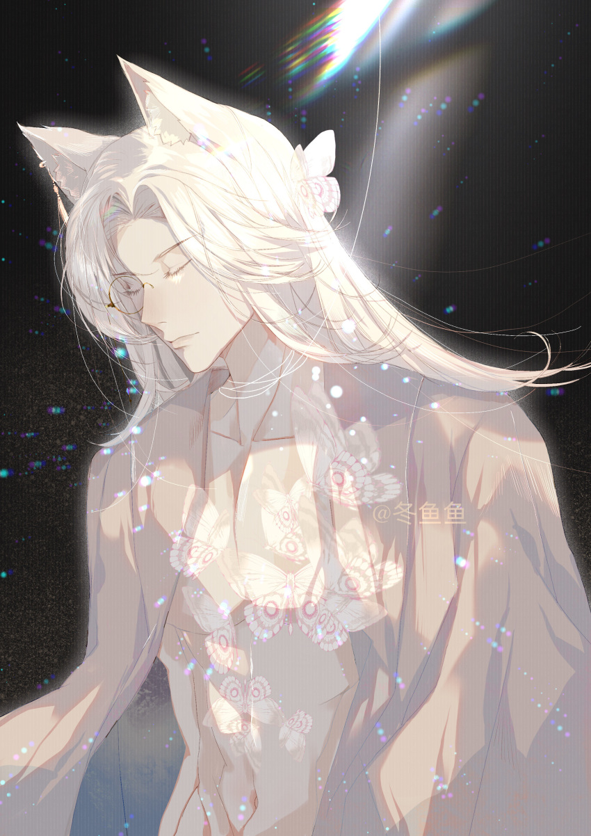 1boy, absurdres, animal_ears, animal_print, ayutong557, butterfly_print, closed_eyes, eyewear_strap, fox_boy, fox_ears, glasses, highres, lens_flare, light_and_night_love, light_rays, long_hair, long_sleeves, male_focus, procreate_(medium), qi_sili, see-through, solo, white_hair