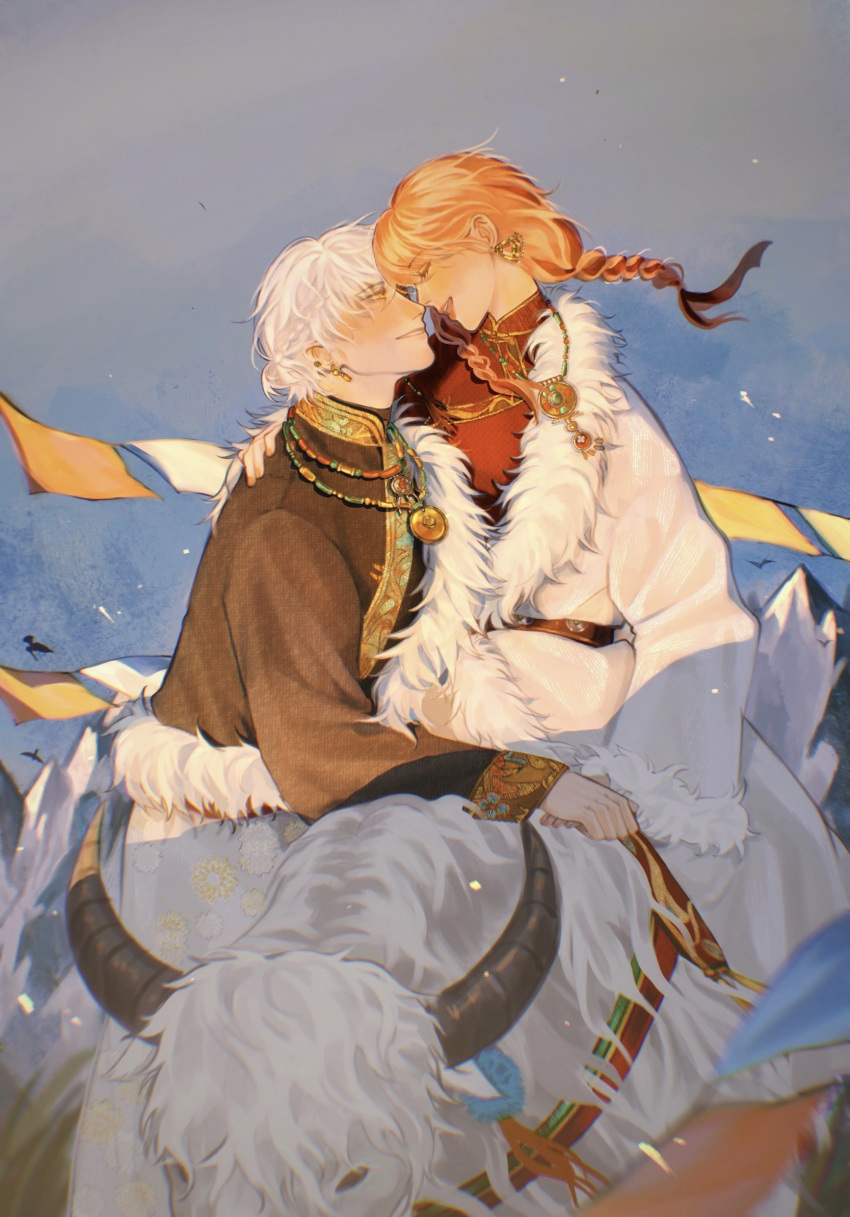 1boy, 1girl, blonde_hair, face-to-face, fur, grin, happy, highres, horse, light_and_night_love, light_blush, long_sleeves, looking_at_another, miao_clothes, niayu96071, outdoors, procreate_(medium), qi_sili, smile, sunset, white_hair