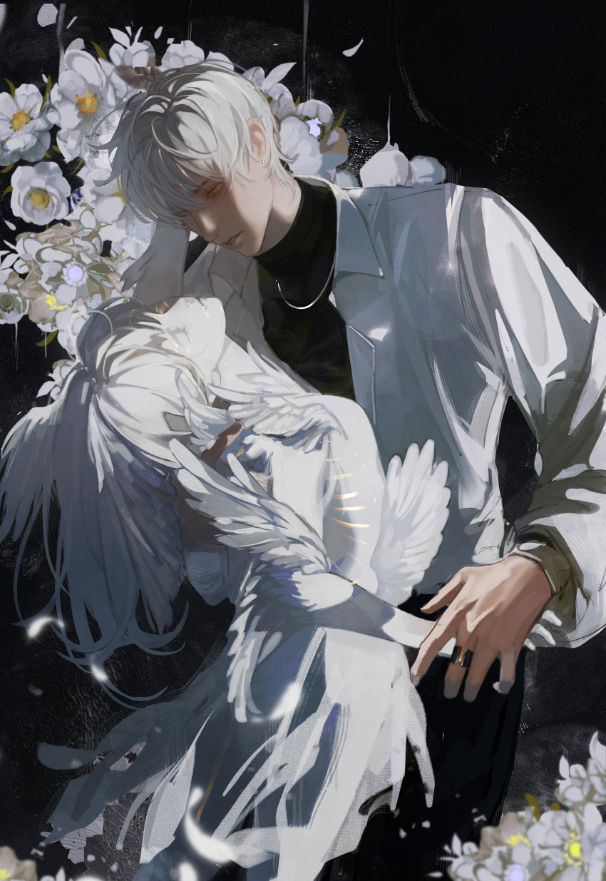 1boy, absurdres, angel_statue, angel_wings, black_skirt, flower, highres, jacket, jewelry, light_and_night_love, long_sleeves, looking_at_another, mercy685, necklace, qi_sili, ring, short_hair, skirt, solo, white_flower, white_hair, white_jacket, wings