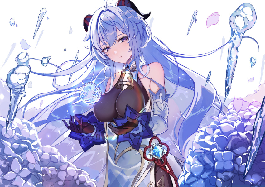1girl, absurdres, ahoge, alternate_hairstyle, bangs, bare_shoulders, bell, black_gloves, blue_flower, blue_hair, breasts, chinese_knot, detached_sleeves, flower, flower_knot, ganyu_(genshin_impact), genshin_impact, gloves, gold_trim, highres, horns, ice_shard, long_hair, looking_at_viewer, medium_breasts, neck_bell, orb, sas_(ls08b), sidelocks, solo, upper_body, very_long_hair, violet_eyes, vision_(genshin_impact), white_sleeves
